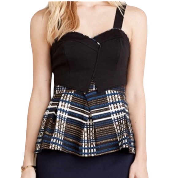 Anthropologie Deletta Nathalie Black Metallic Copper Plaid Peplum Tank Top - XS - Picture 2 of 13